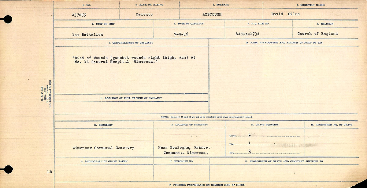 Titre : Registres de circonstances du dcs, Premire Guerre mondiale - N d'enregistrement Mikan : 46246 - Microforme : 31829_B016714