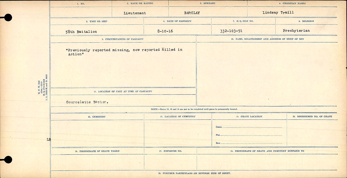 Title: Circumstances of Death Registers, First World War - Mikan Number: 46246 - Microform: 31829_B016715