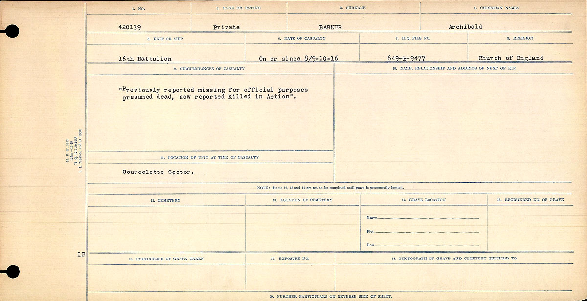 Titre : Registres de circonstances du dcs, Premire Guerre mondiale - N d'enregistrement Mikan : 46246 - Microforme : 31829_B016716