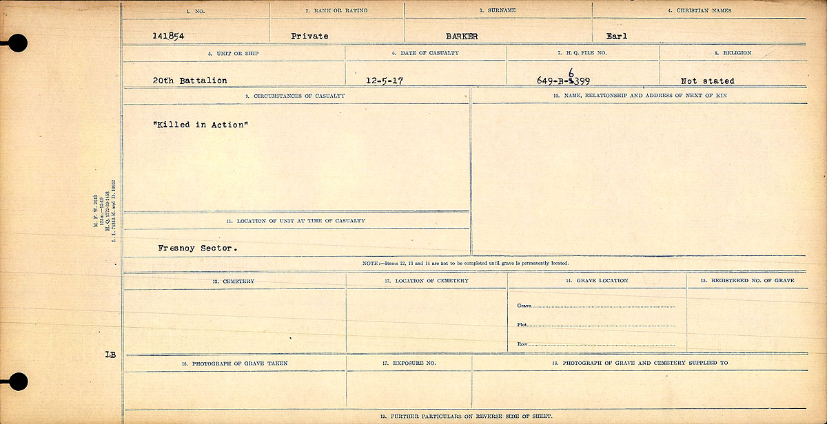Titre : Registres de circonstances du dcs, Premire Guerre mondiale - N d'enregistrement Mikan : 46246 - Microforme : 31829_B016716
