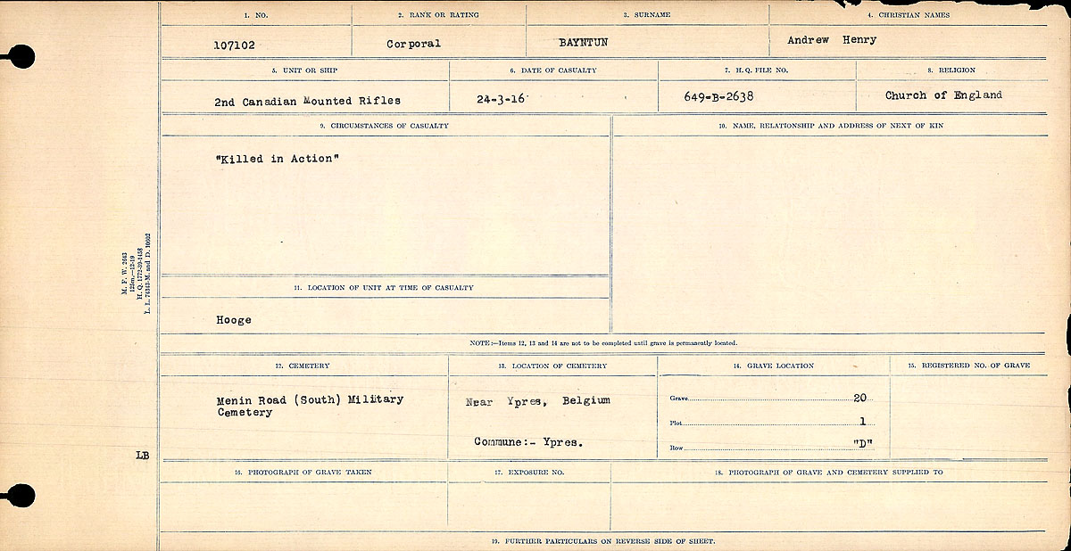Title: Circumstances of Death Registers, First World War - Mikan Number: 46246 - Microform: 31829_B016716