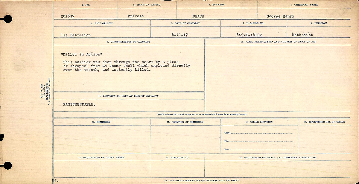 Title: Circumstances of Death Registers, First World War - Mikan Number: 46246 - Microform: 31829_B016717