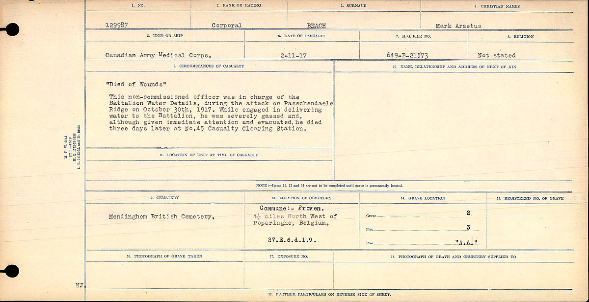 Title: Circumstances of Death Registers, First World War - Mikan Number: 46246 - Microform: 31829_B016717