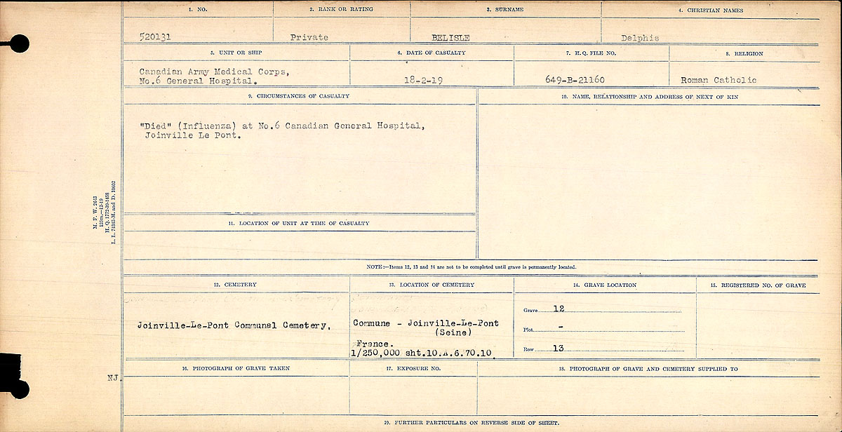 Titre : Registres de circonstances du dcs, Premire Guerre mondiale - N d'enregistrement Mikan : 46246 - Microforme : 31829_B016717