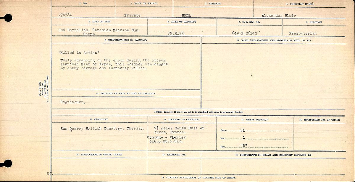 Titre : Registres de circonstances du dcs, Premire Guerre mondiale - N d'enregistrement Mikan : 46246 - Microforme : 31829_B016718