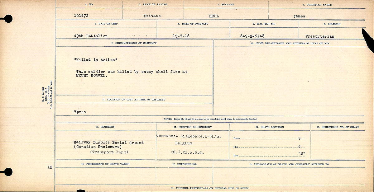 Title: Circumstances of Death Registers, First World War - Mikan Number: 46246 - Microform: 31829_B016718