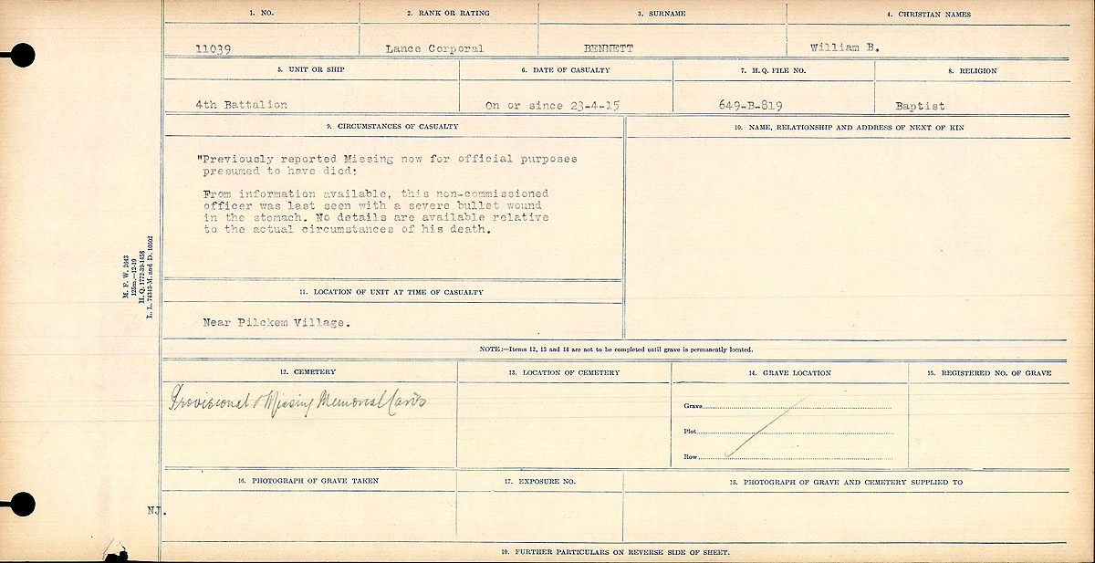 Title: Circumstances of Death Registers, First World War - Mikan Number: 46246 - Microform: 31829_B016718