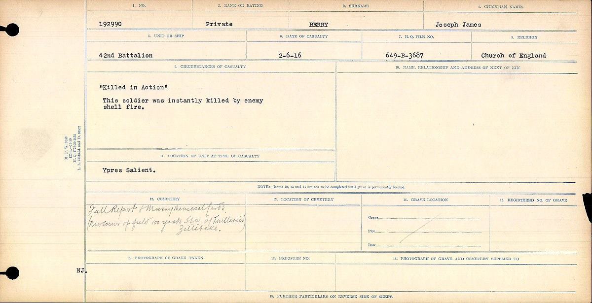Title: Circumstances of Death Registers, First World War - Mikan Number: 46246 - Microform: 31829_B016719