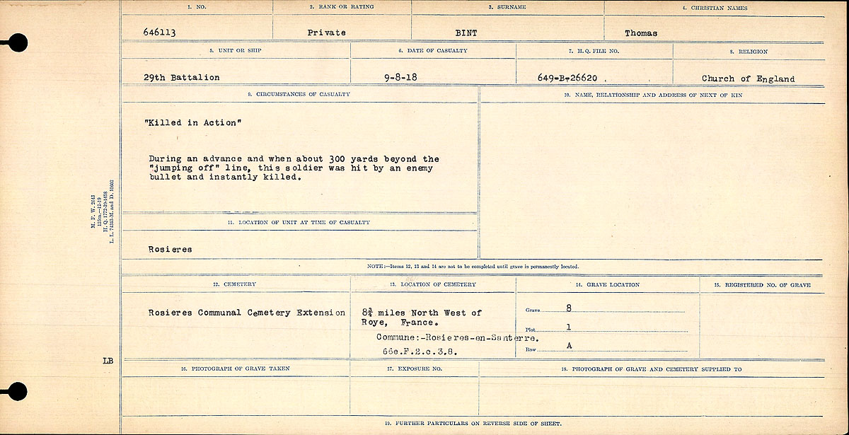 Titre : Registres de circonstances du dcs, Premire Guerre mondiale - N d'enregistrement Mikan : 46246 - Microforme : 31829_B016719