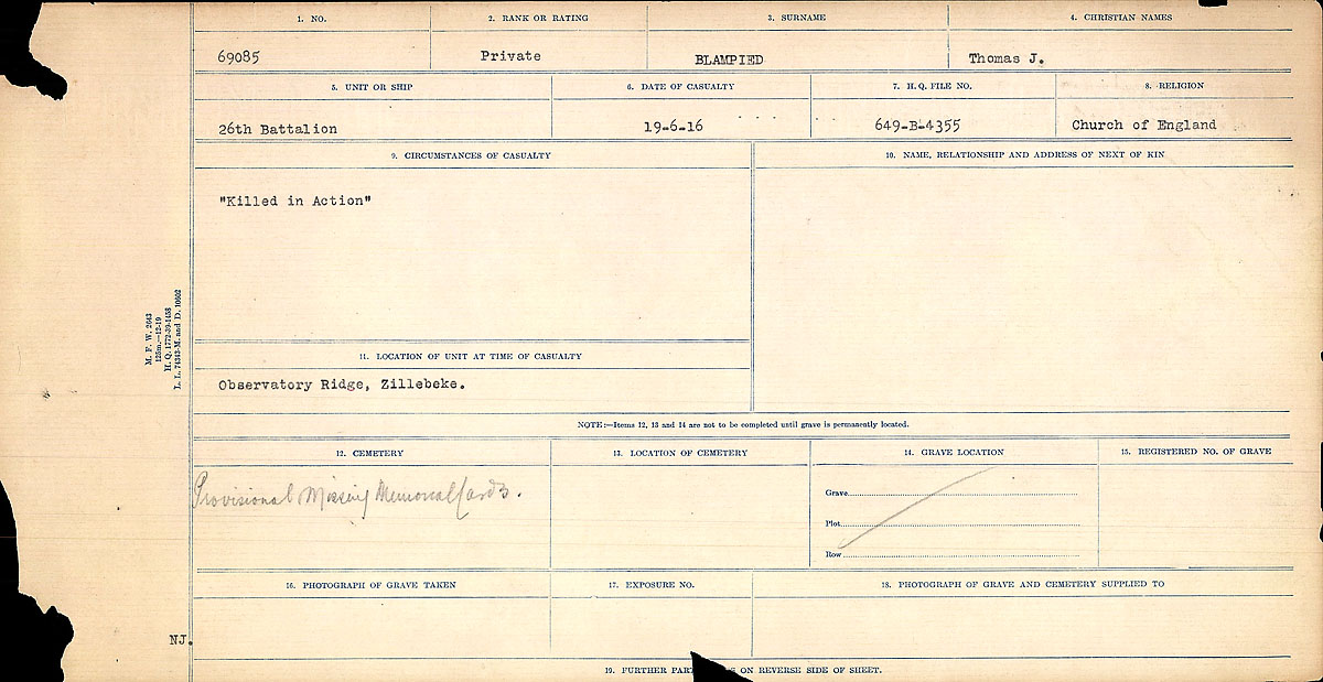 Title: Circumstances of Death Registers, First World War - Mikan Number: 46246 - Microform: 31829_B016720