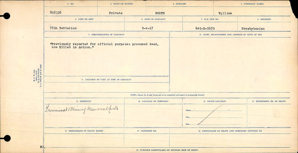 Titre : Registres de circonstances du dcs, Premire Guerre mondiale - N d'enregistrement Mikan : 46246 - Microforme : 31829_B016720