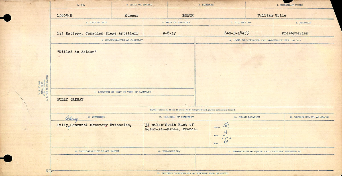 Title: Circumstances of Death Registers, First World War - Mikan Number: 46246 - Microform: 31829_B016720