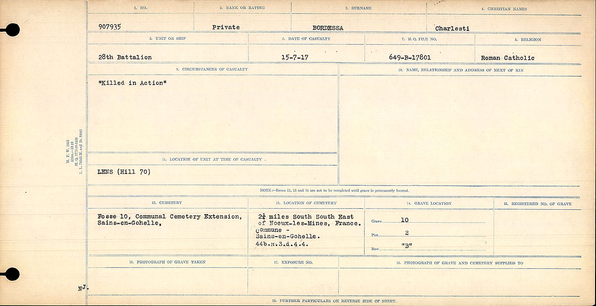 Titre : Registres de circonstances du dcs, Premire Guerre mondiale - N d'enregistrement Mikan : 46246 - Microforme : 31829_B016721