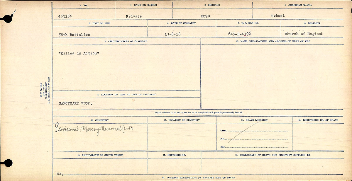 Title: Circumstances of Death Registers, First World War - Mikan Number: 46246 - Microform: 31829_B016721