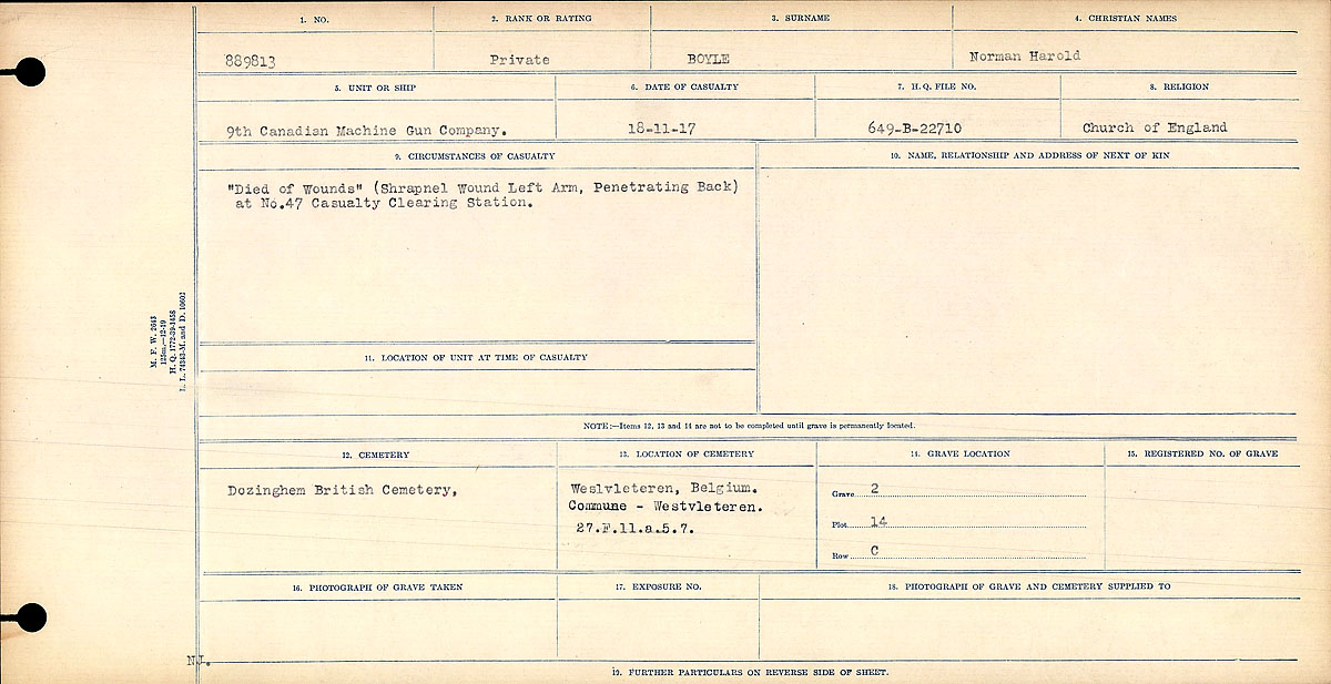 Title: Circumstances of Death Registers, First World War - Mikan Number: 46246 - Microform: 31829_B016721