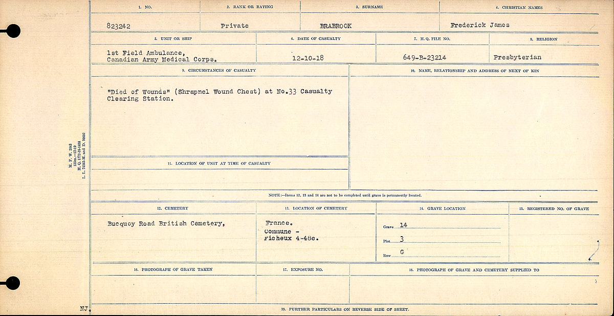 Titre : Registres de circonstances du dcs, Premire Guerre mondiale - N d'enregistrement Mikan : 46246 - Microforme : 31829_B016722