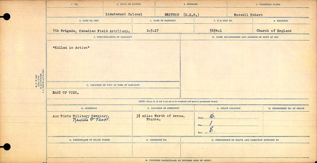 Title: Circumstances of Death Registers, First World War - Mikan Number: 46246 - Microform: 31829_B016722