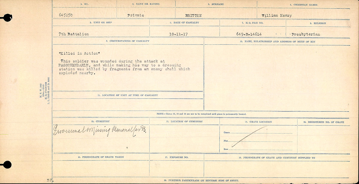 Titre : Registres de circonstances du dcs, Premire Guerre mondiale - N d'enregistrement Mikan : 46246 - Microforme : 31829_B016722