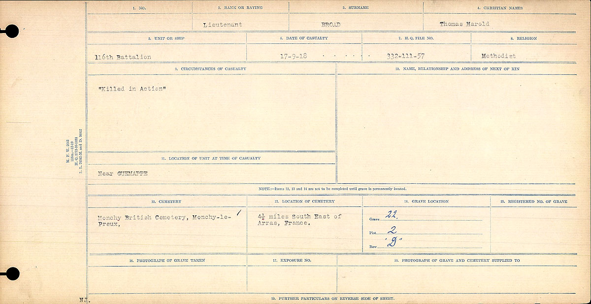 Title: Circumstances of Death Registers, First World War - Mikan Number: 46246 - Microform: 31829_B016723