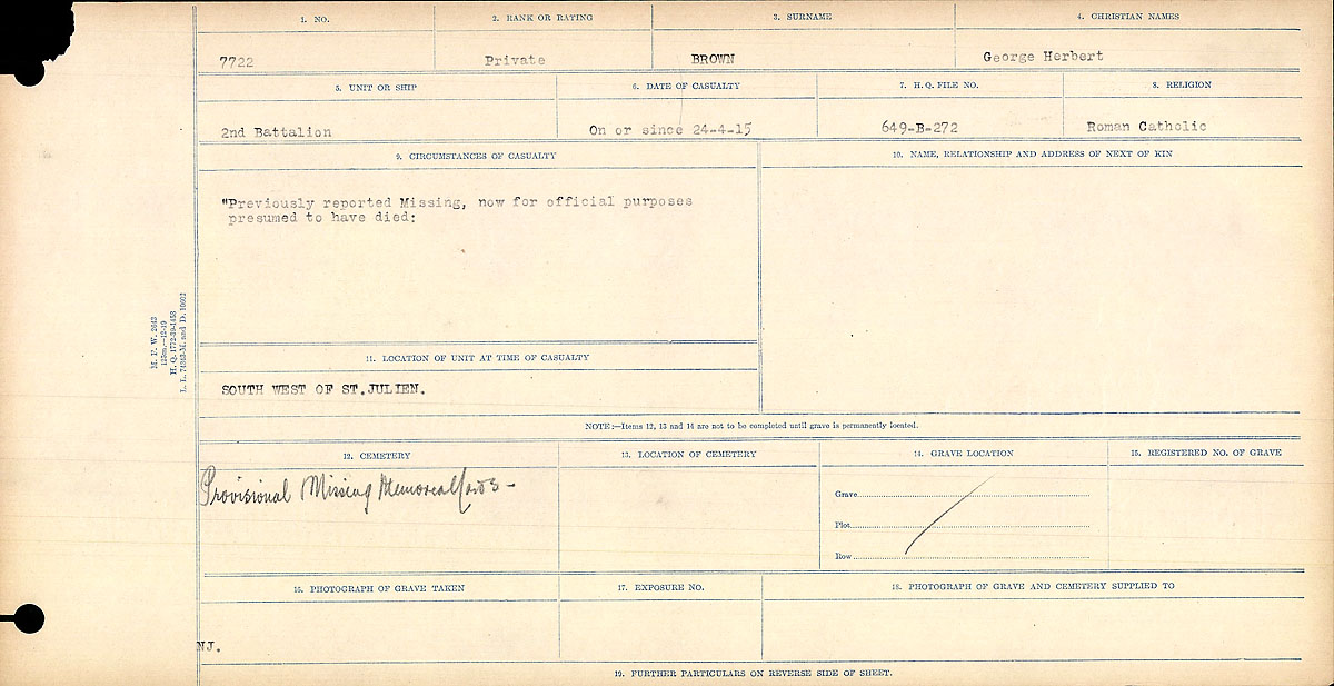 Title: Circumstances of Death Registers, First World War - Mikan Number: 46246 - Microform: 31829_B016723