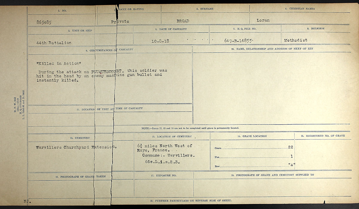 Titre : Registres de circonstances du dcs, Premire Guerre mondiale - N d'enregistrement Mikan : 46246 - Microforme : 31829_B016723