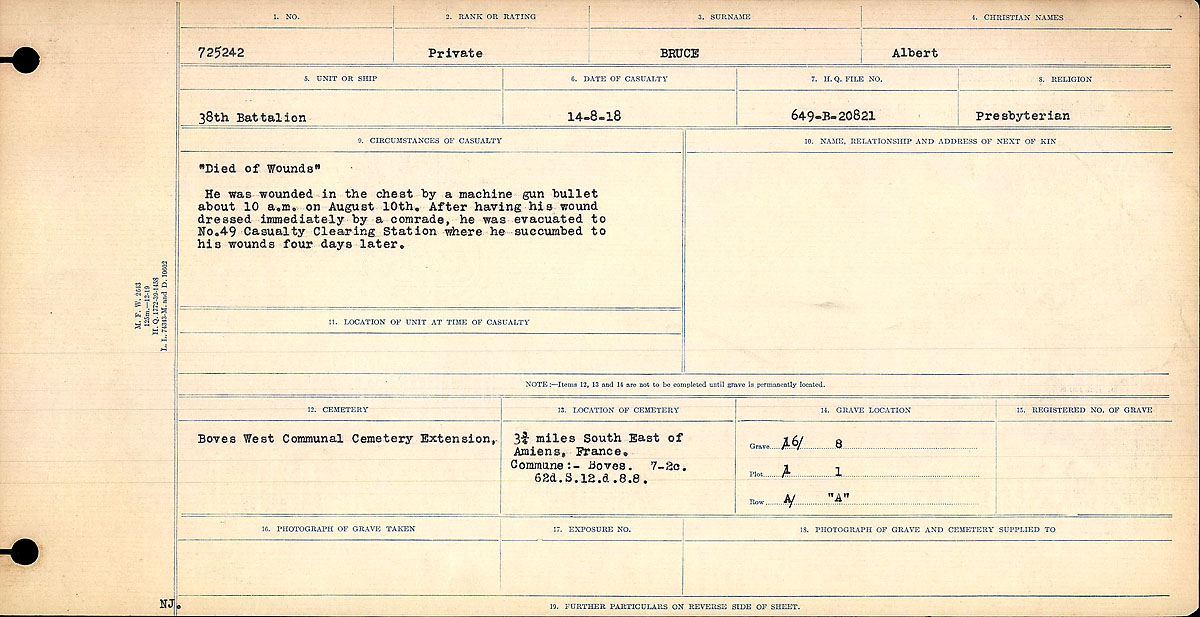 Title: Circumstances of Death Registers, First World War - Mikan Number: 46246 - Microform: 31829_B016724