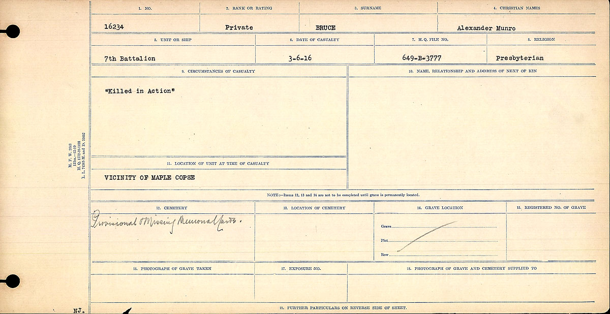 Titre : Registres de circonstances du dcs, Premire Guerre mondiale - N d'enregistrement Mikan : 46246 - Microforme : 31829_B016724