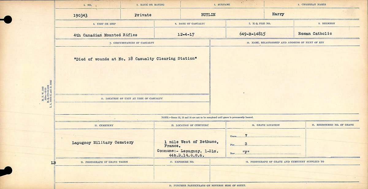 Title: Circumstances of Death Registers, First World War - Mikan Number: 46246 - Microform: 31829_B016725