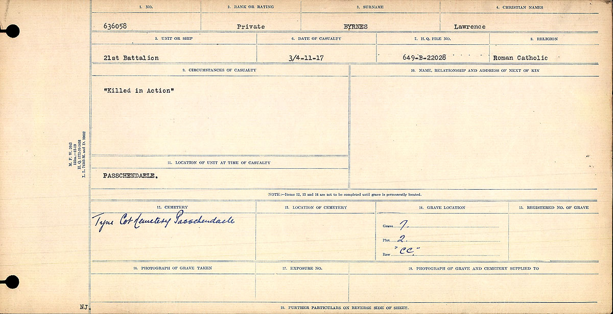 Titre : Registres de circonstances du dcs, Premire Guerre mondiale - N d'enregistrement Mikan : 46246 - Microforme : 31829_B016725