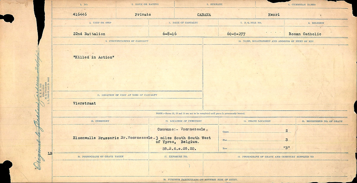 Title: Circumstances of Death Registers, First World War - Mikan Number: 46246 - Microform: 31829_B016726