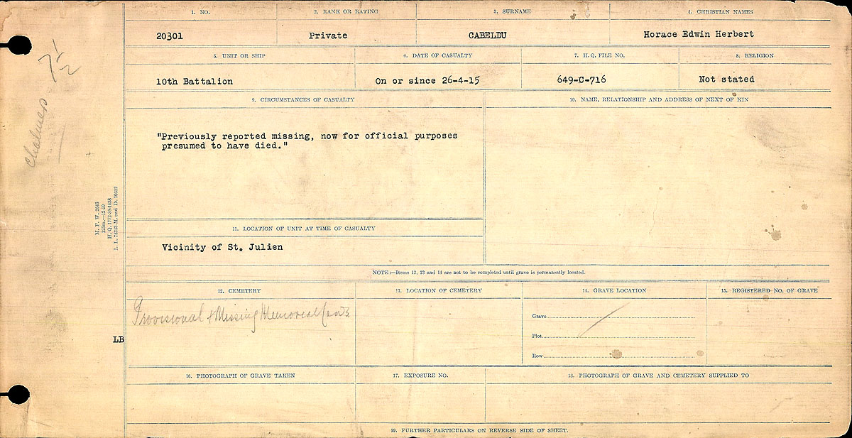 Title: Circumstances of Death Registers, First World War - Mikan Number: 46246 - Microform: 31829_B016726