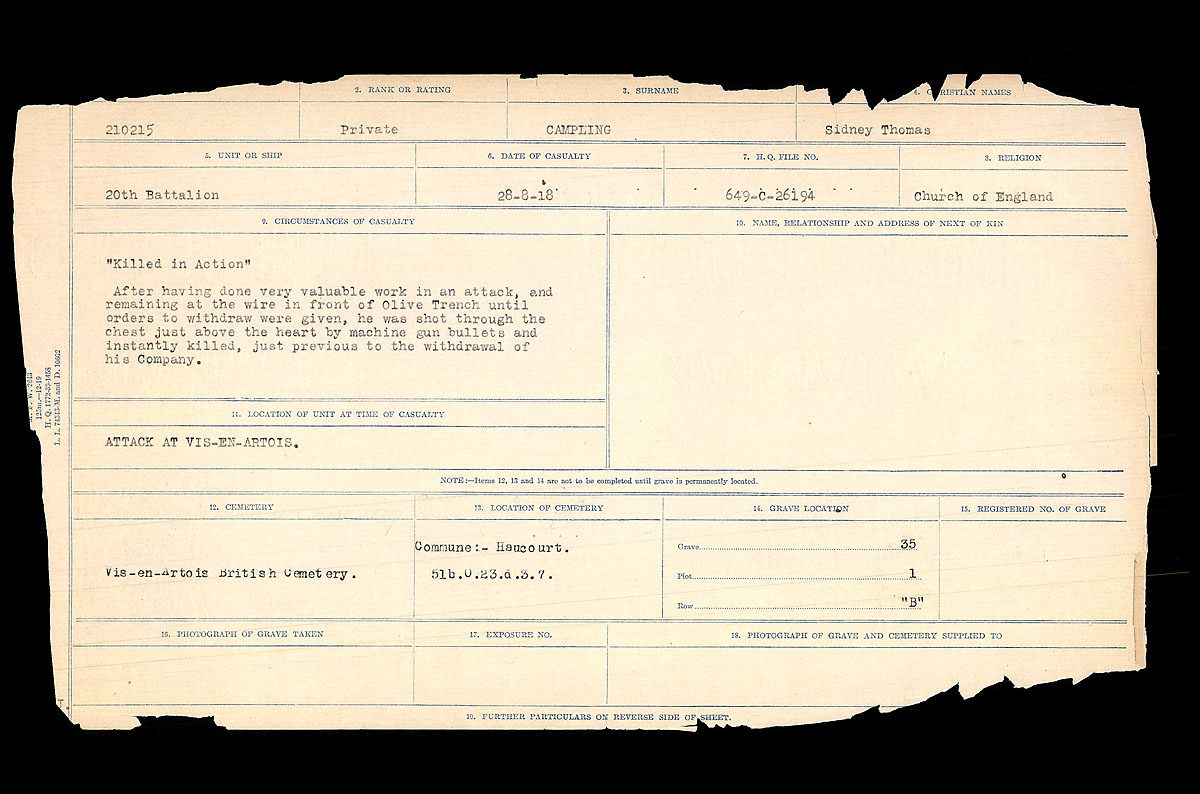 Titre : Registres de circonstances du dcs, Premire Guerre mondiale - N d'enregistrement Mikan : 46246 - Microforme : 31829_B016726
