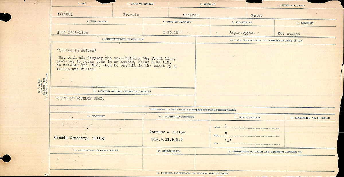 Titre : Registres de circonstances du dcs, Premire Guerre mondiale - N d'enregistrement Mikan : 46246 - Microforme : 31829_B016727