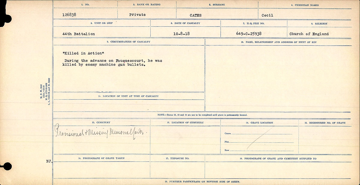 Titre : Registres de circonstances du dcs, Premire Guerre mondiale - N d'enregistrement Mikan : 46246 - Microforme : 31829_B016728