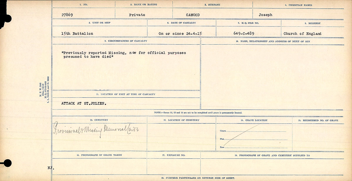 Title: Circumstances of Death Registers, First World War - Mikan Number: 46246 - Microform: 31829_B016728