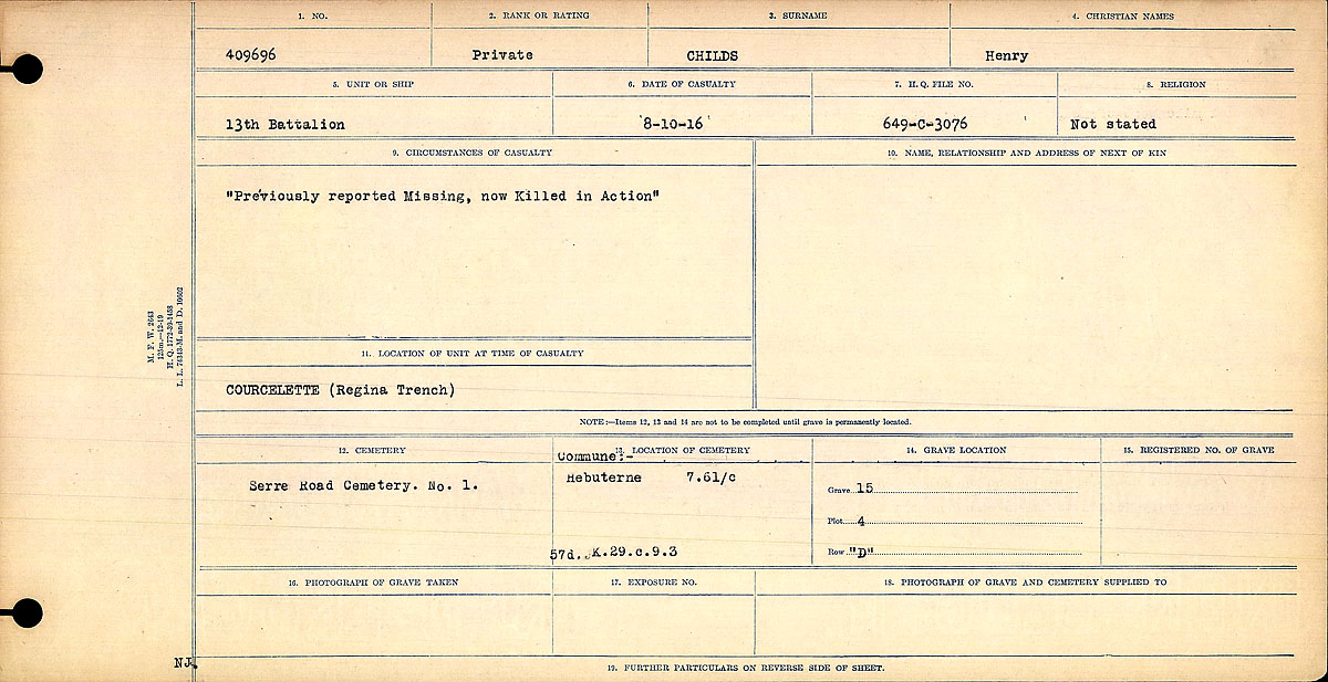 Title: Circumstances of Death Registers, First World War - Mikan Number: 46246 - Microform: 31829_B016729