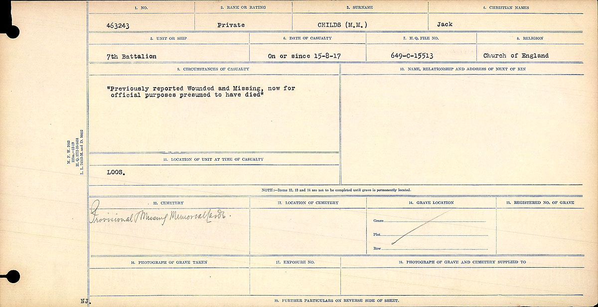 Title: Circumstances of Death Registers, First World War - Mikan Number: 46246 - Microform: 31829_B016729
