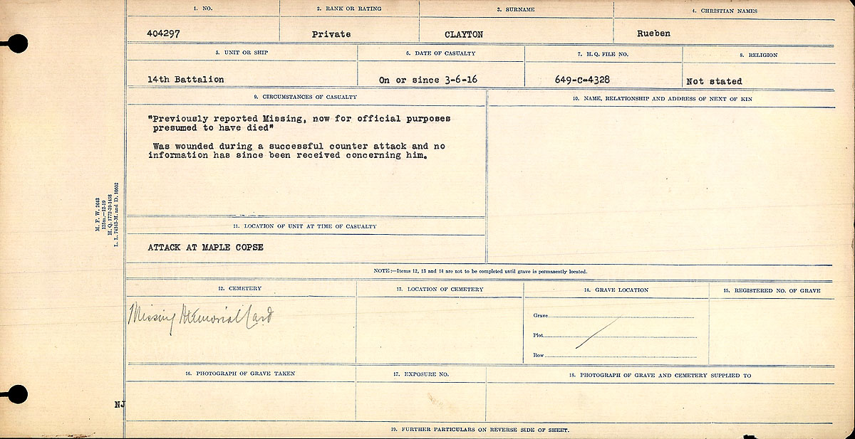 Titre : Registres de circonstances du dcs, Premire Guerre mondiale - N d'enregistrement Mikan : 46246 - Microforme : 31829_B016729