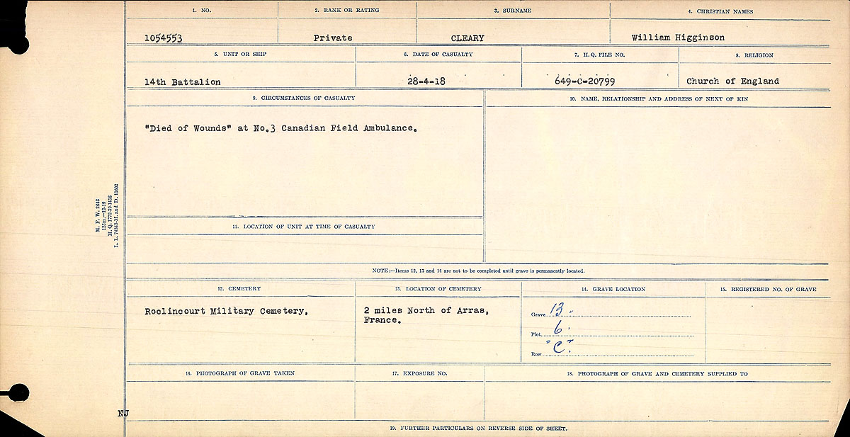 Titre : Registres de circonstances du dcs, Premire Guerre mondiale - N d'enregistrement Mikan : 46246 - Microforme : 31829_B016730