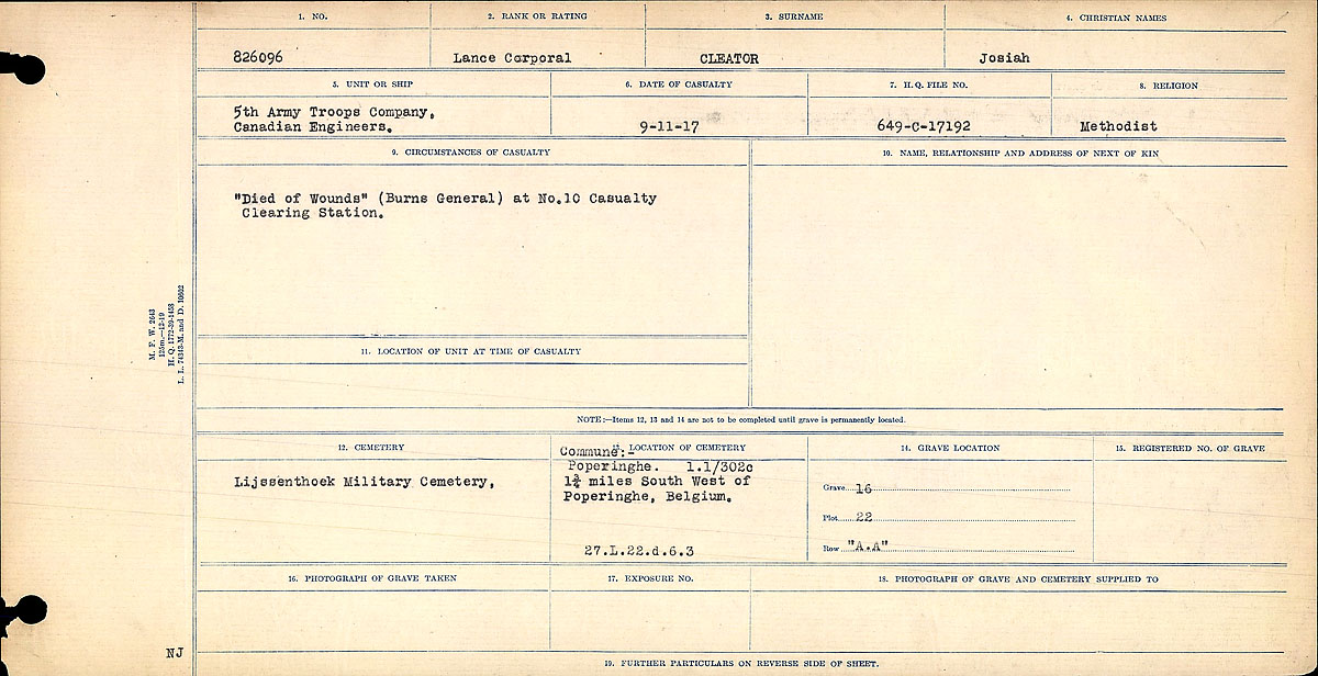 Titre : Registres de circonstances du dcs, Premire Guerre mondiale - N d'enregistrement Mikan : 46246 - Microforme : 31829_B016730
