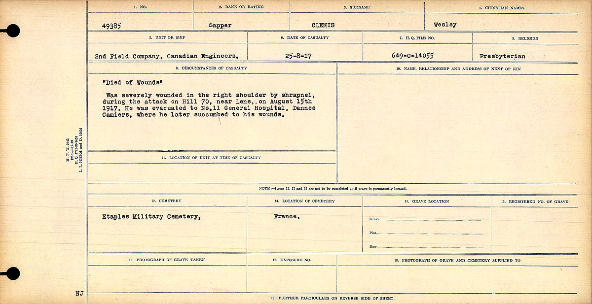 Title: Circumstances of Death Registers, First World War - Mikan Number: 46246 - Microform: 31829_B016730