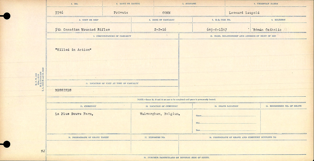 Title: Circumstances of Death Registers, First World War - Mikan Number: 46246 - Microform: 31829_B016730