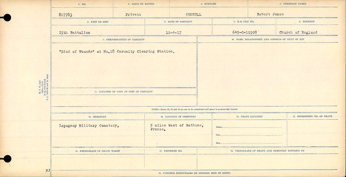Title: Circumstances of Death Registers, First World War - Mikan Number: 46246 - Microform: 31829_B016730
