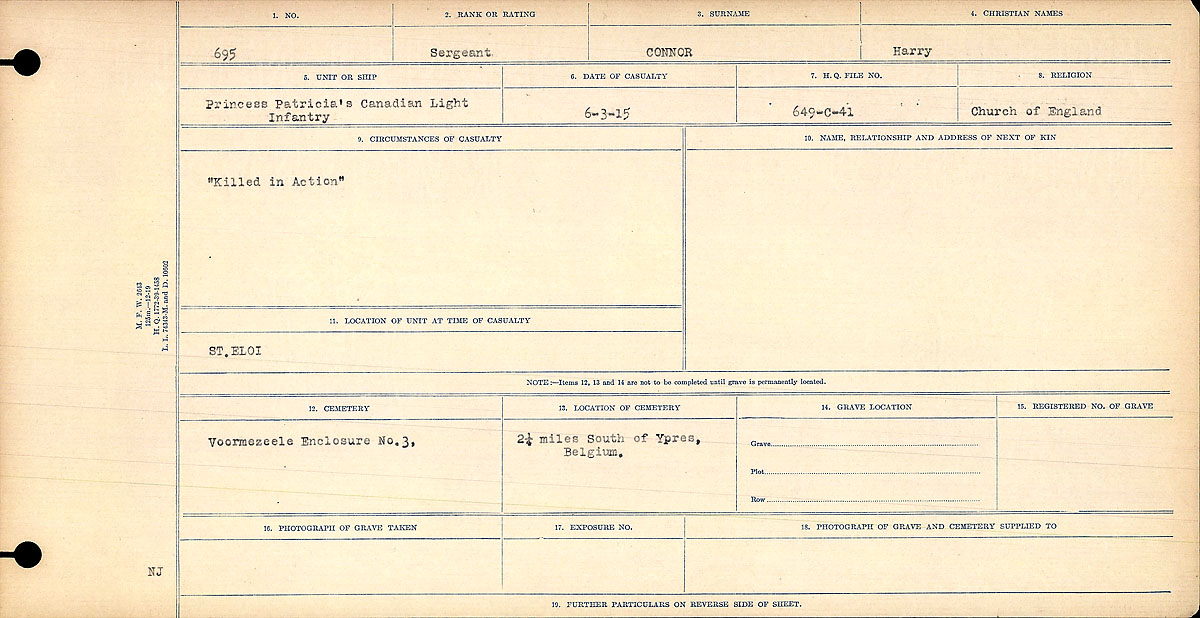 Titre : Registres de circonstances du dcs, Premire Guerre mondiale - N d'enregistrement Mikan : 46246 - Microforme : 31829_B016731