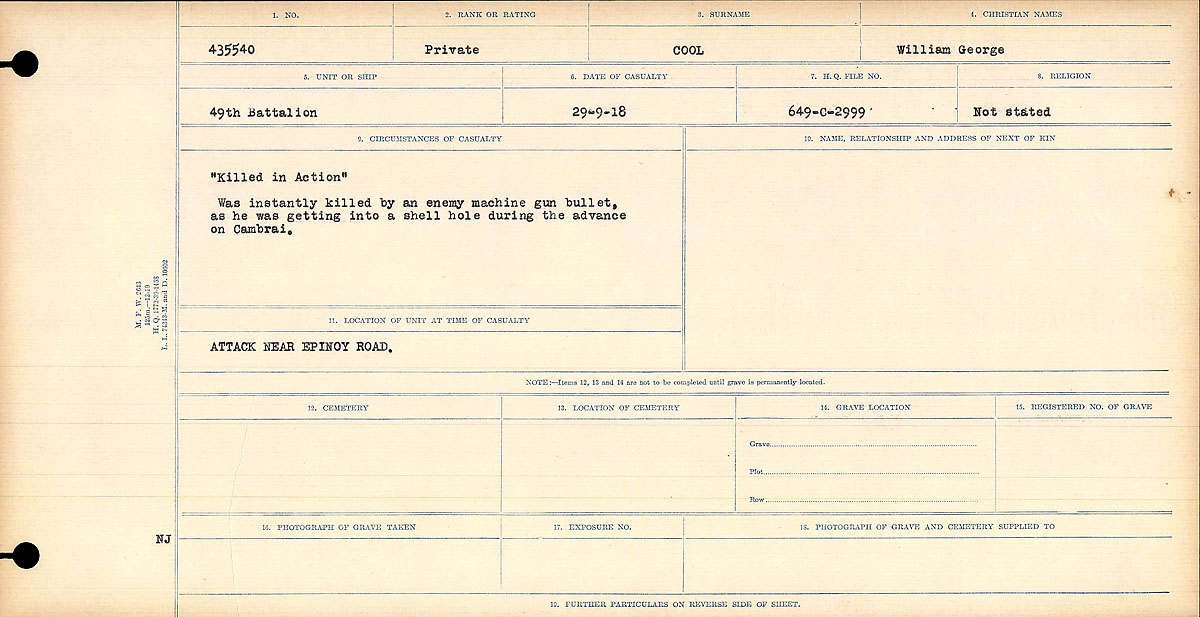 Title: Circumstances of Death Registers, First World War - Mikan Number: 46246 - Microform: 31829_B016731