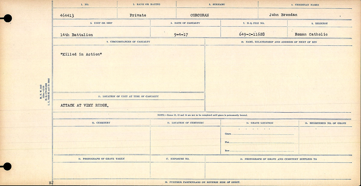 Titre : Registres de circonstances du dcs, Premire Guerre mondiale - N d'enregistrement Mikan : 46246 - Microforme : 31829_B016732