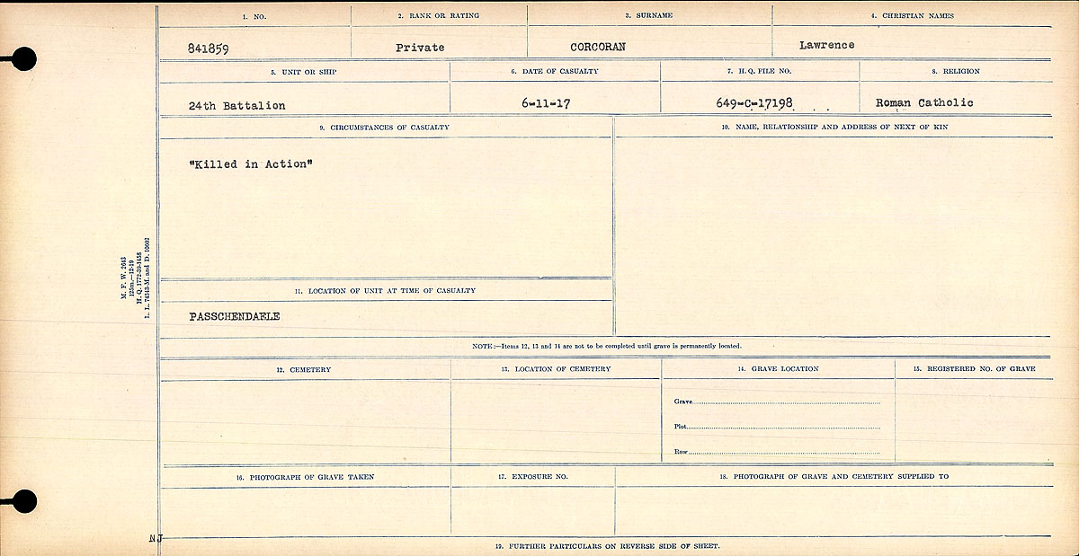 Title: Circumstances of Death Registers, First World War - Mikan Number: 46246 - Microform: 31829_B016732