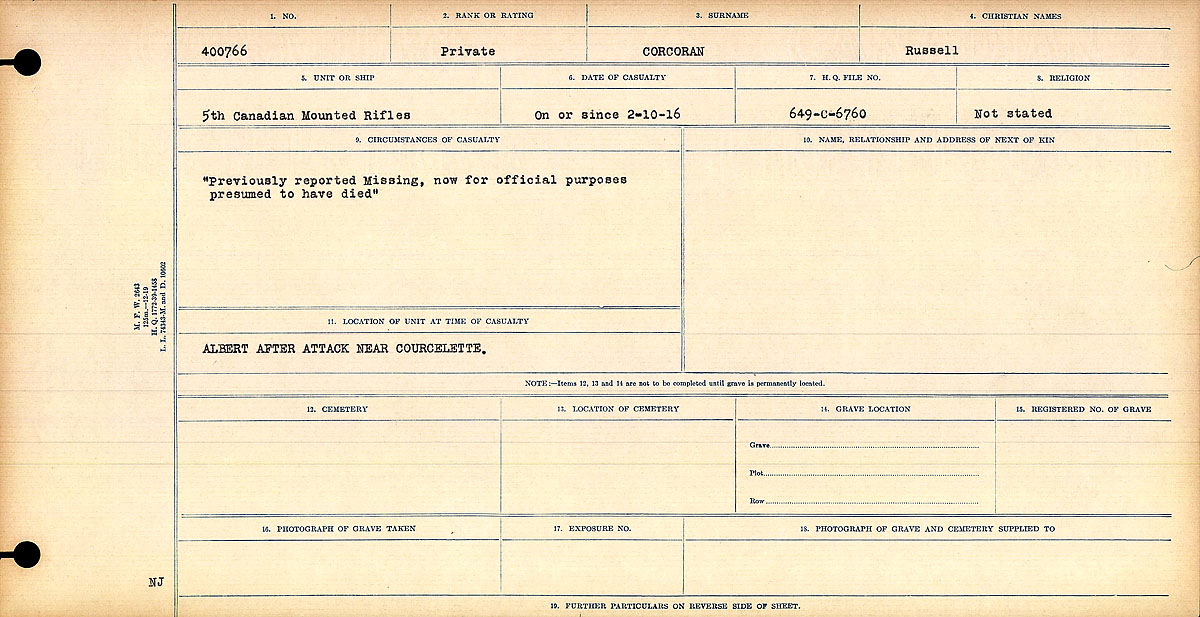 Titre : Registres de circonstances du dcs, Premire Guerre mondiale - N d'enregistrement Mikan : 46246 - Microforme : 31829_B016732