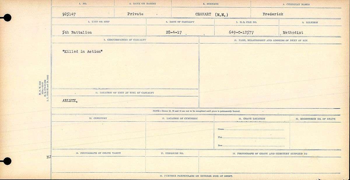 Title: Circumstances of Death Registers, First World War - Mikan Number: 46246 - Microform: 31829_B016733