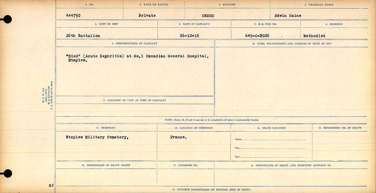 Title: Circumstances of Death Registers, First World War - Mikan Number: 46246 - Microform: 31829_B016733